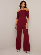 Bardot Embroidered Jumpsuit in Burgundy