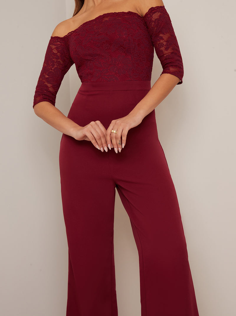 Bardot Embroidered Jumpsuit in Burgundy