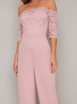 Fitted Bardot Lace Jumpsuit in Pink