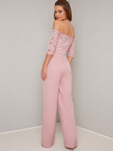 Fitted Bardot Lace Jumpsuit in Pink