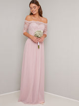 Lace Bardot Maxi Bridesmaid Dress in Pink