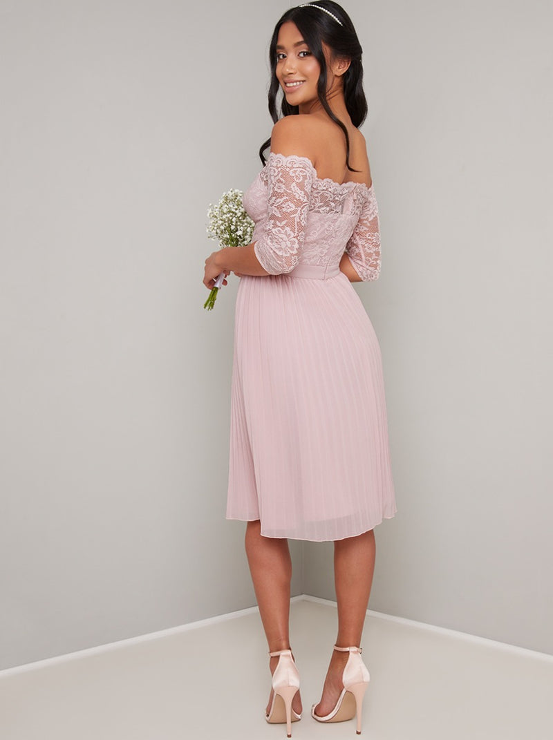 Petite Lace Bardot Pleat Midi Dress in Pink