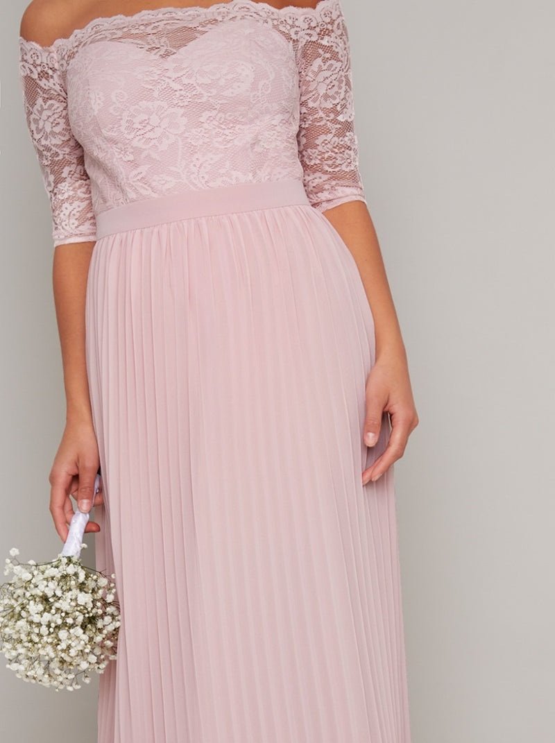 Petite Lace Bardot Bodice Pleat Maxi Dress in Pink