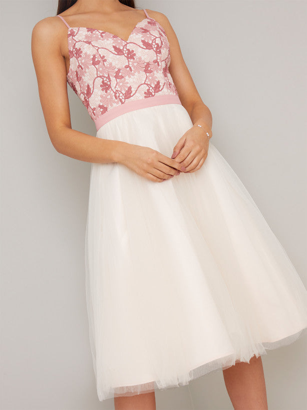 Cami Strap Lace Layered Tulle Midi Dress in Pink