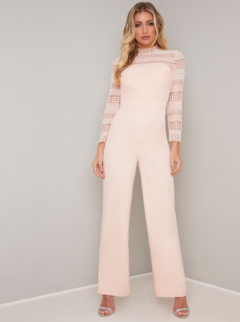 Crochet Bodice Long Sleeved Flared Jumpsuit in Pink