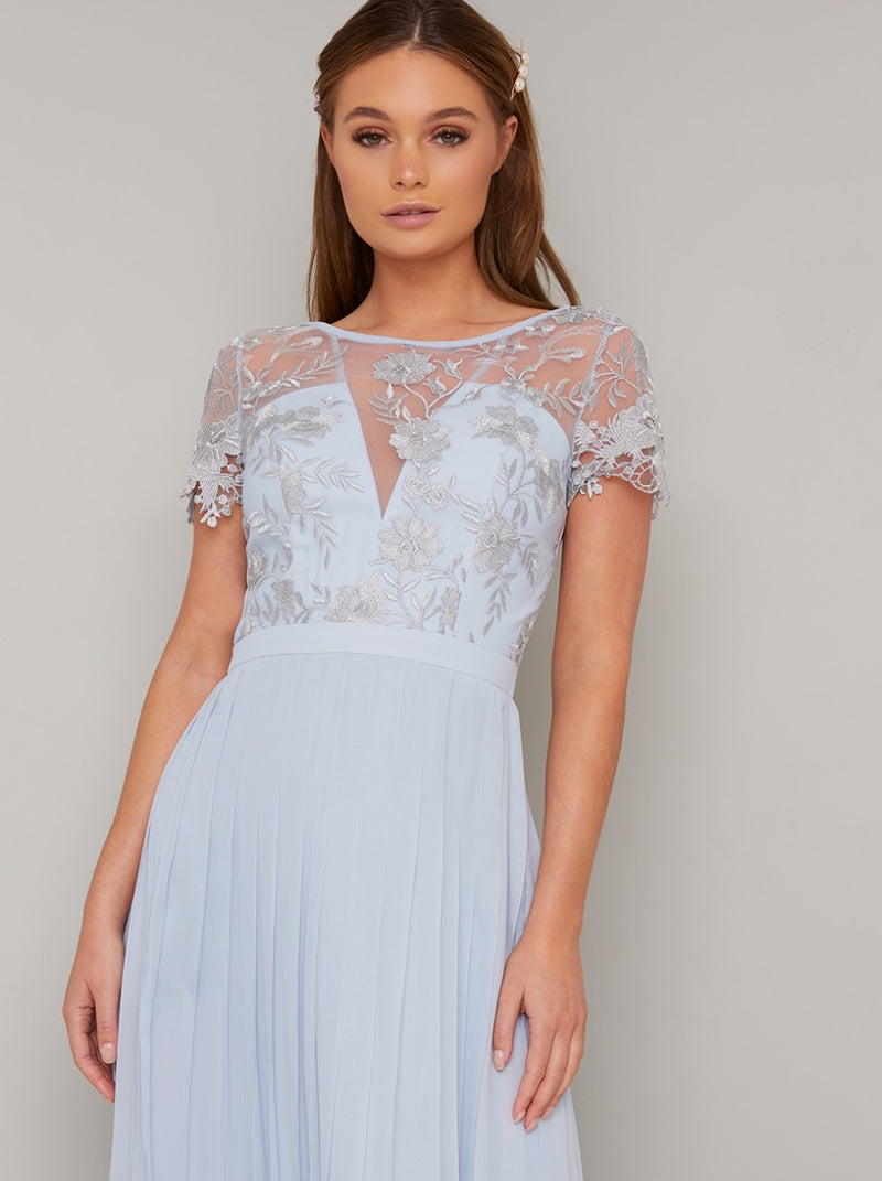 Sheer Lace Pleated Maxi Dress in Blue