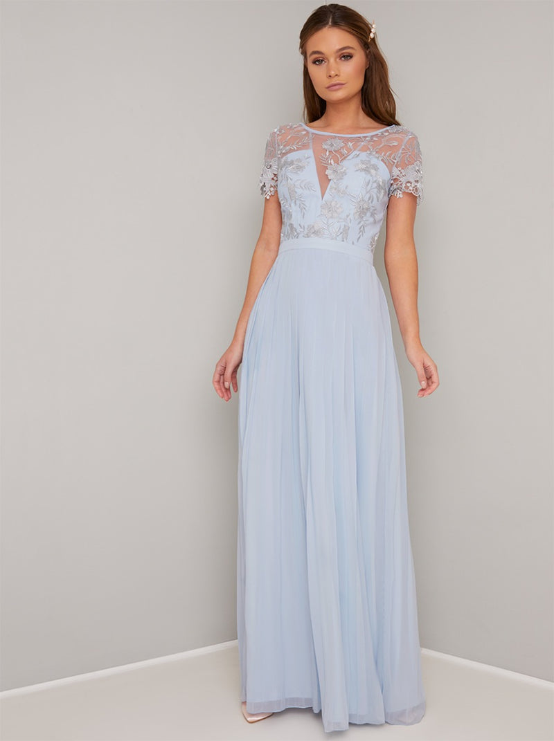 Sheer Lace Pleated Maxi Dress in Blue
