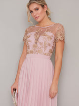 Lace Embroidered Short Sleeved Pleat Maxi Dress in Pink