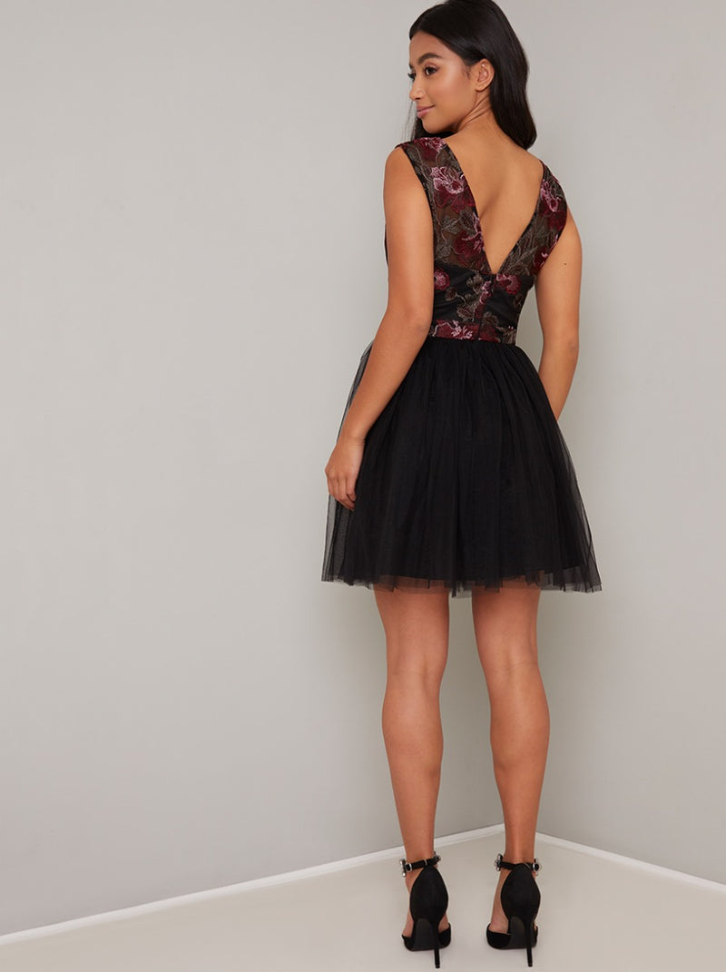 Petite Embroidered Tulle Mini Dress in Black