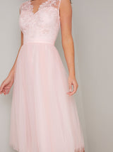 Lace Bodice Sleeveless Tulle Midi Dress in Pink