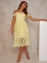 Bardot Premium Lace Midi Dress in Yellow