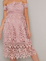 Maternity Bardot Crochet Midi Dress in Pink
