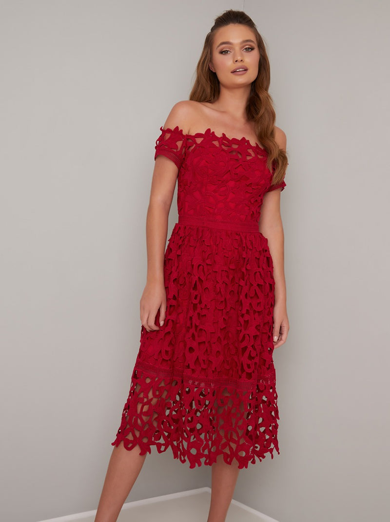Bardot Neck Lace Crochet Design Midi Dress in Red