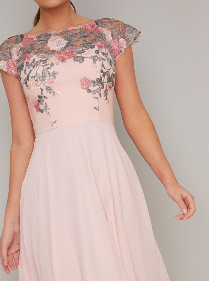Lace Detail Cap Sleeved Midi Dress in Pink