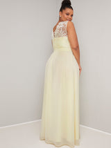 Plus Size Lace Bodice Chiffon Maxi Dress in Yellow