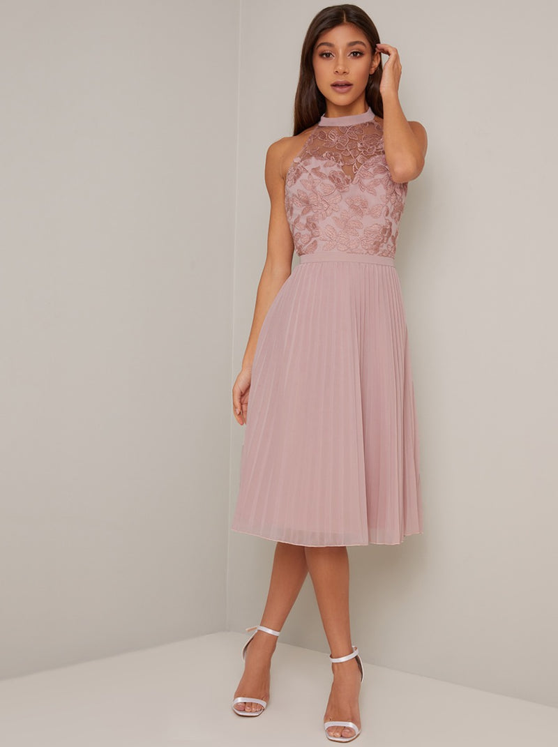 Embroidered Bodice High Neck Midi Dress in Pink