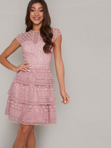 Crochet Tiered Mini Dress in Pink