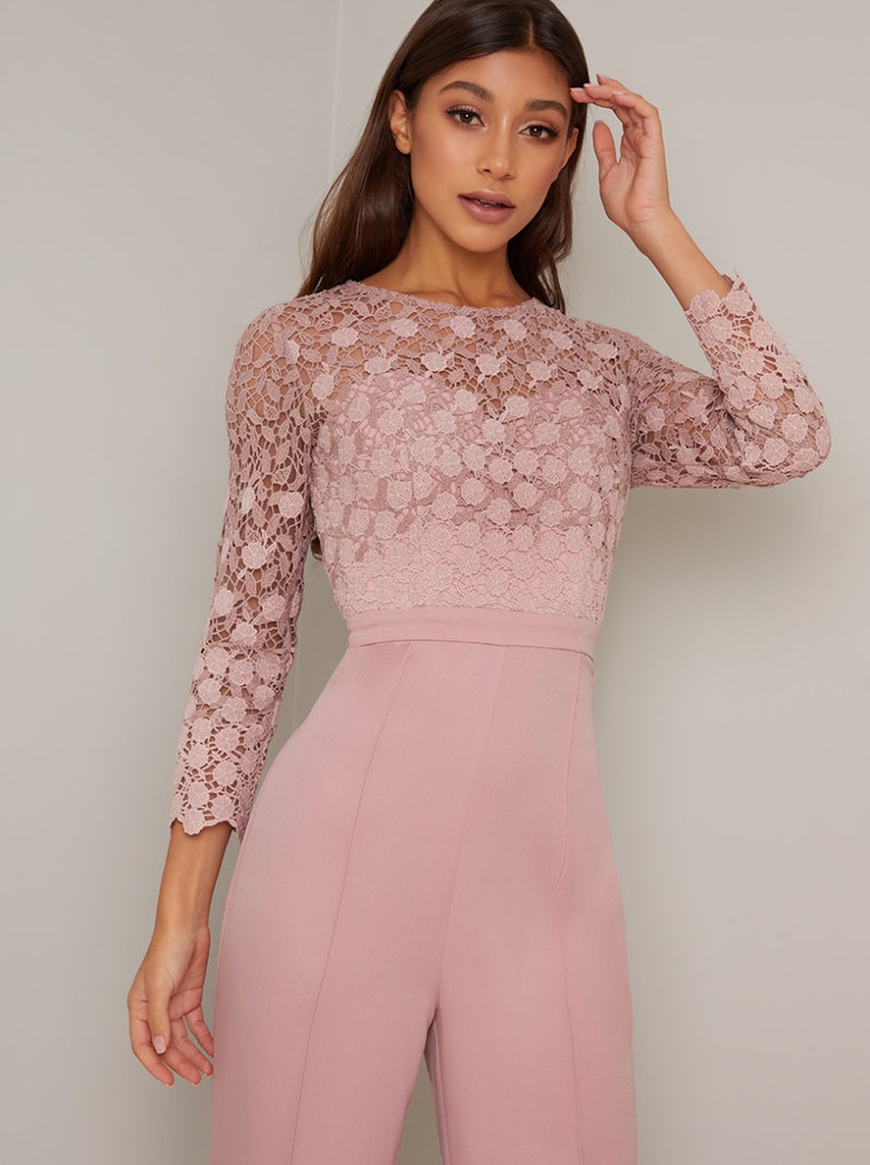 Long Sleeved Lace Bodice Wide Leg Jumpsuit in Pink