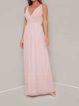 Wrap Bodice Pleat Maxi Dress in Pink