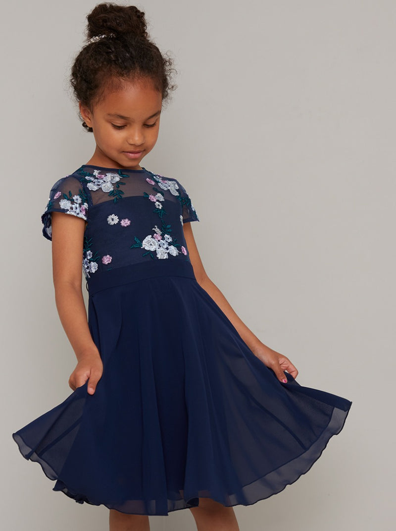 Girls Embroidered Floral Midi Dress in Navy