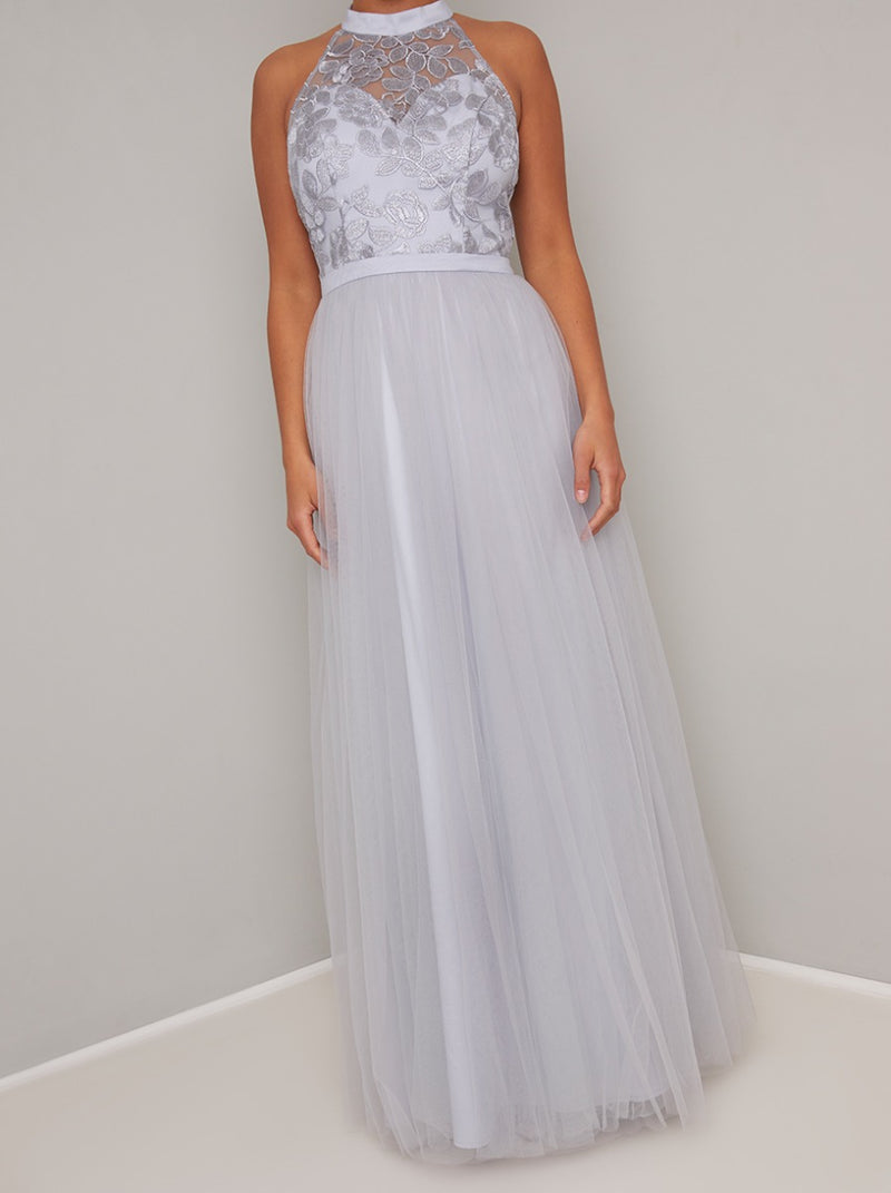 Petite High Neck Embroidered Tulle Maxi Dress in Blue