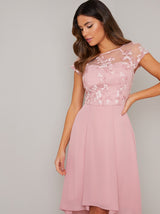 Cap Sleeved Lace Embroidered Dip Hem Dress in Pink