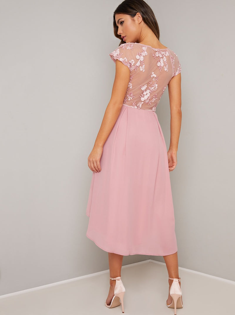 Cap Sleeved Lace Embroidered Dip Hem Dress in Pink