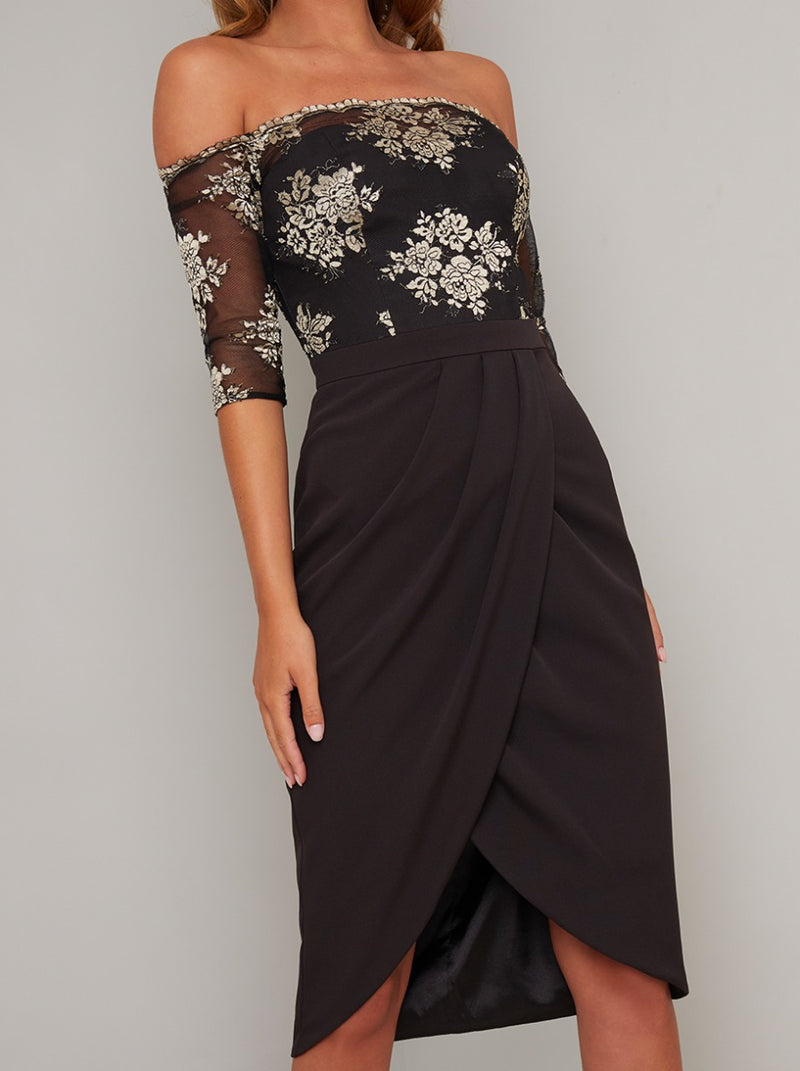Lace Bodycon Dress with Bardot Neckline in Black