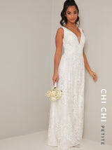 Petite Lace V Neck Maxi Wedding Dress in White