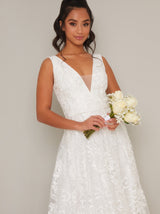 Petite Lace V Neck Maxi Wedding Dress in White