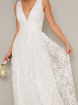 Lace V Neck Maxi Wedding Dress in White