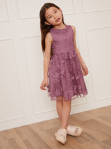 Younger Girls Sleeveless Floral Embroidered Midi Dress in Berry