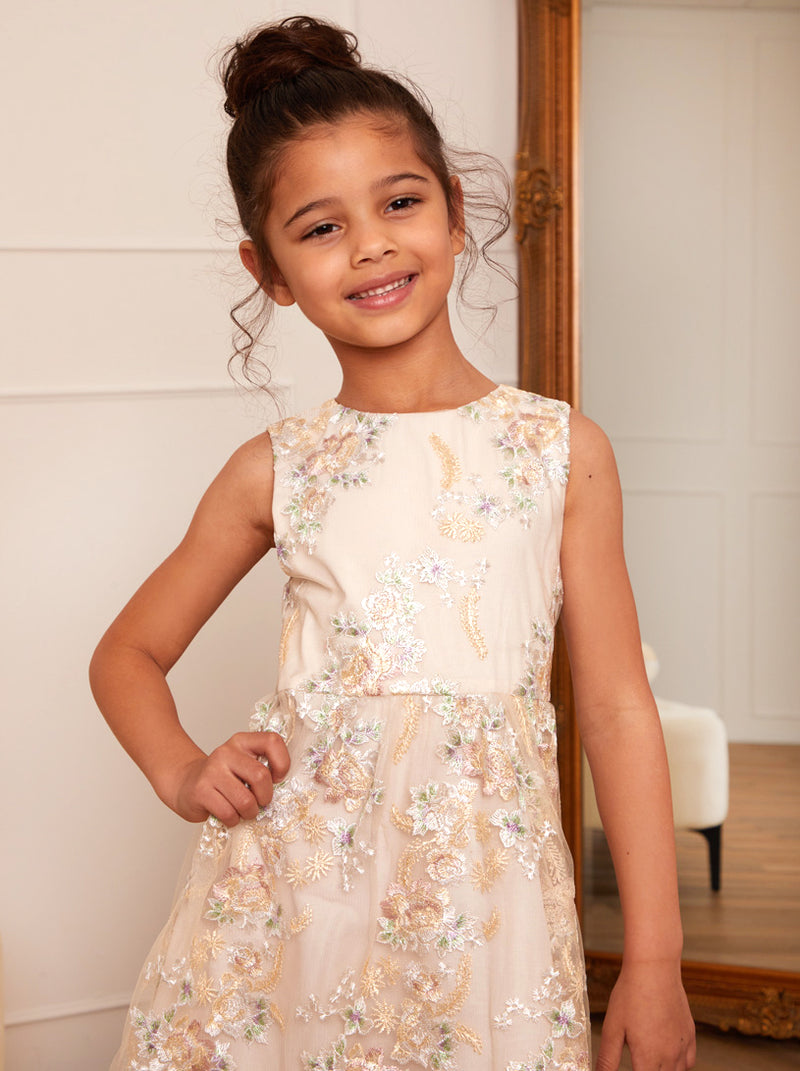 Younger Girls Floral Embroidered Dress In Cream Chi Chi London