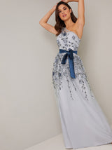 One Shoulder Lace Detail Ribbon Tie Maxi Dress in Blue