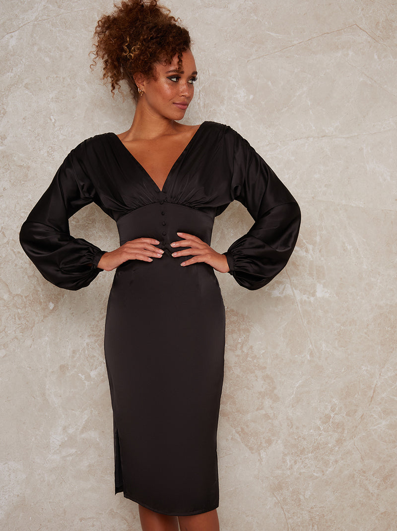 Satin Midi Dress With Long Sleeves in Black