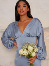 Petite Satin Bridesmaid Midi Dress With Long Sleeve In Blue