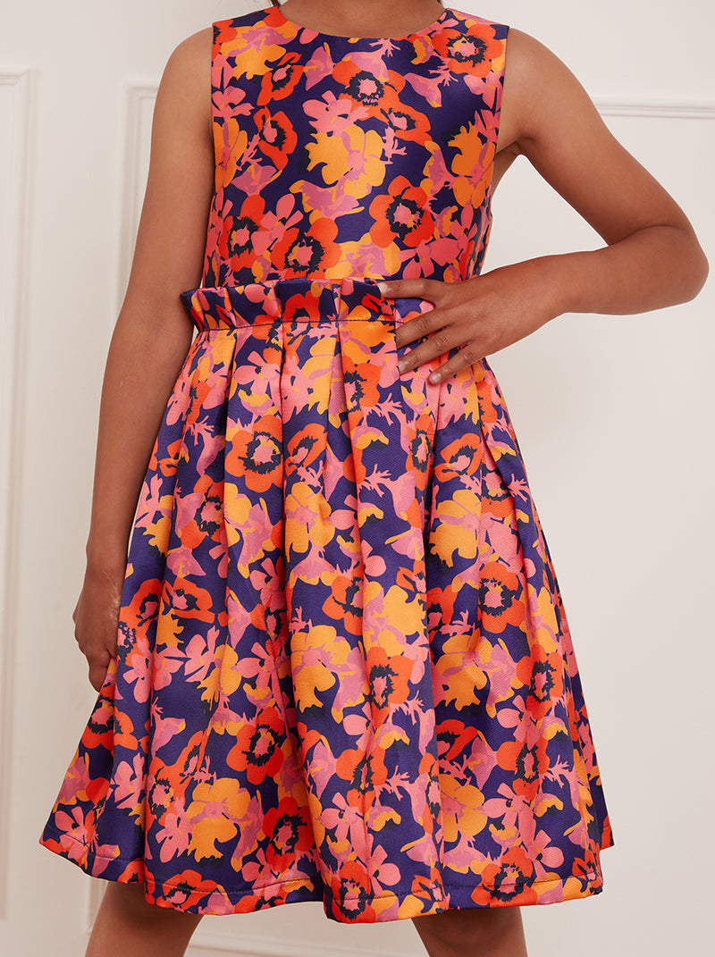 Younger Girls Floral Abstract Midi Dress in Navy