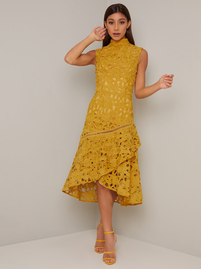 Tall High Neck Lace Crochet Midi Dress in Yellow