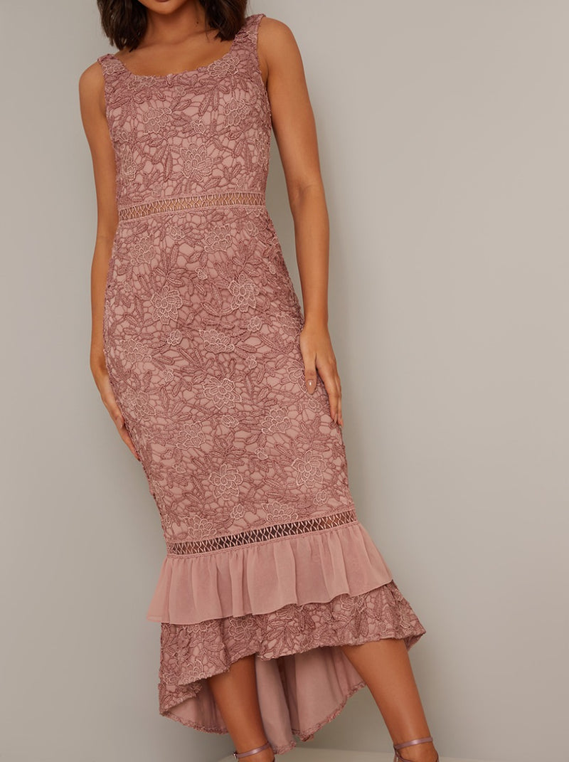 Bodycon Premium Lace Frill Hem Midi Dress in Rose Gold