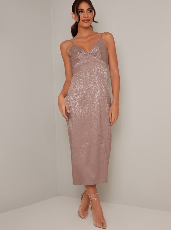 Printed Cami Strap Slip Midi Dress in Taupe