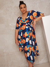 Plus Size Abstract Print Midi Wrap Dress in Blue