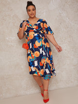 Plus Size Abstract Print Midi Wrap Dress in Blue