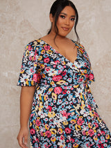 Plus Size Floral Print Midi Wrap Dress in Black