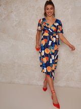 Abstract Print Midi Wrap Day Dress with Short Sleeves in Blue