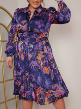 Plus Size Long Sleeve Neon Abstract Print Midi Shirt Dress in Blue