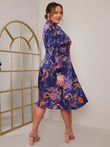 Plus Size Long Sleeve Neon Abstract Print Midi Shirt Dress in Blue