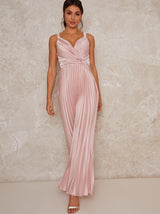 Satin Pleated Wrap Maxi Dress In Pink