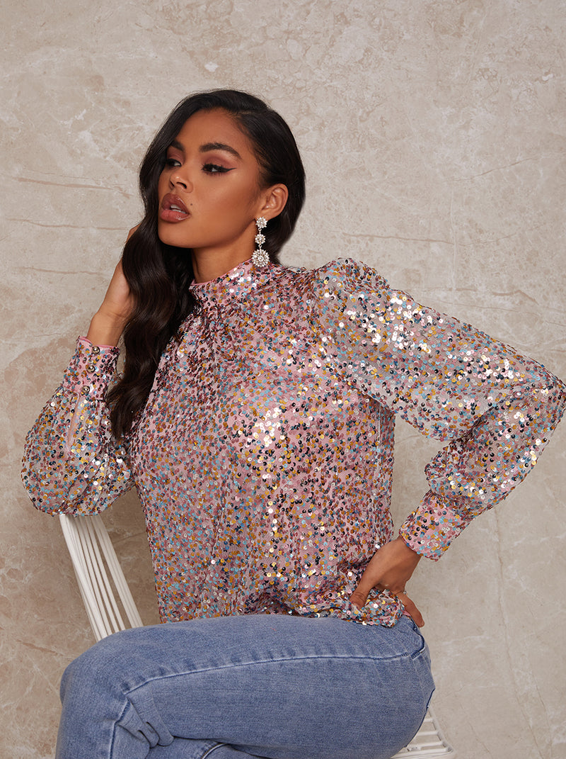 Long Sleeve High Neck Sequin Top in Multi