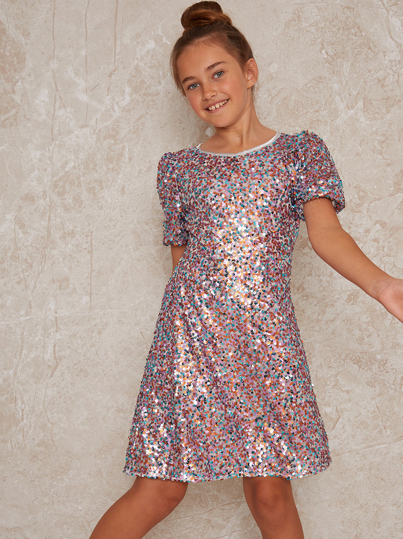 Girls Sequin Shift Party Dress in Multi