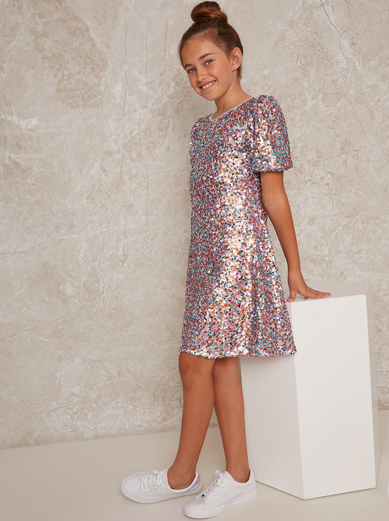 Girls Sequin Shift Party Dress in Multi